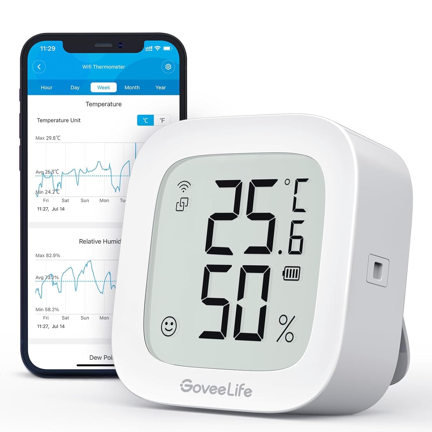 GoveeLife WLAN Hygrometer Thermometer, Digital Temperatur und Luftfeuchtigkeitsmesser Innen mit App Benachrichtigungs Alarm & Datenspeicherung, Fernkontrolle Geeignet für Schlafzimmer, Weinkeller