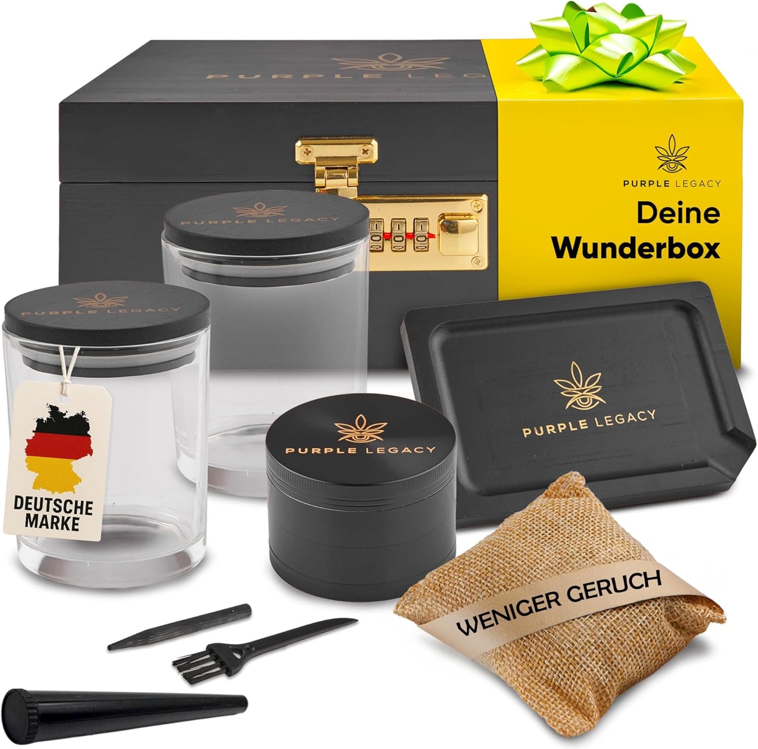 PURPLE LEGACY® Abschließbare Box aus Kiefernholz mit Zahlenschloss | Multifunktionale Aufbewahrungsbox Glasbehälter und Zubehör | Geschenk Set